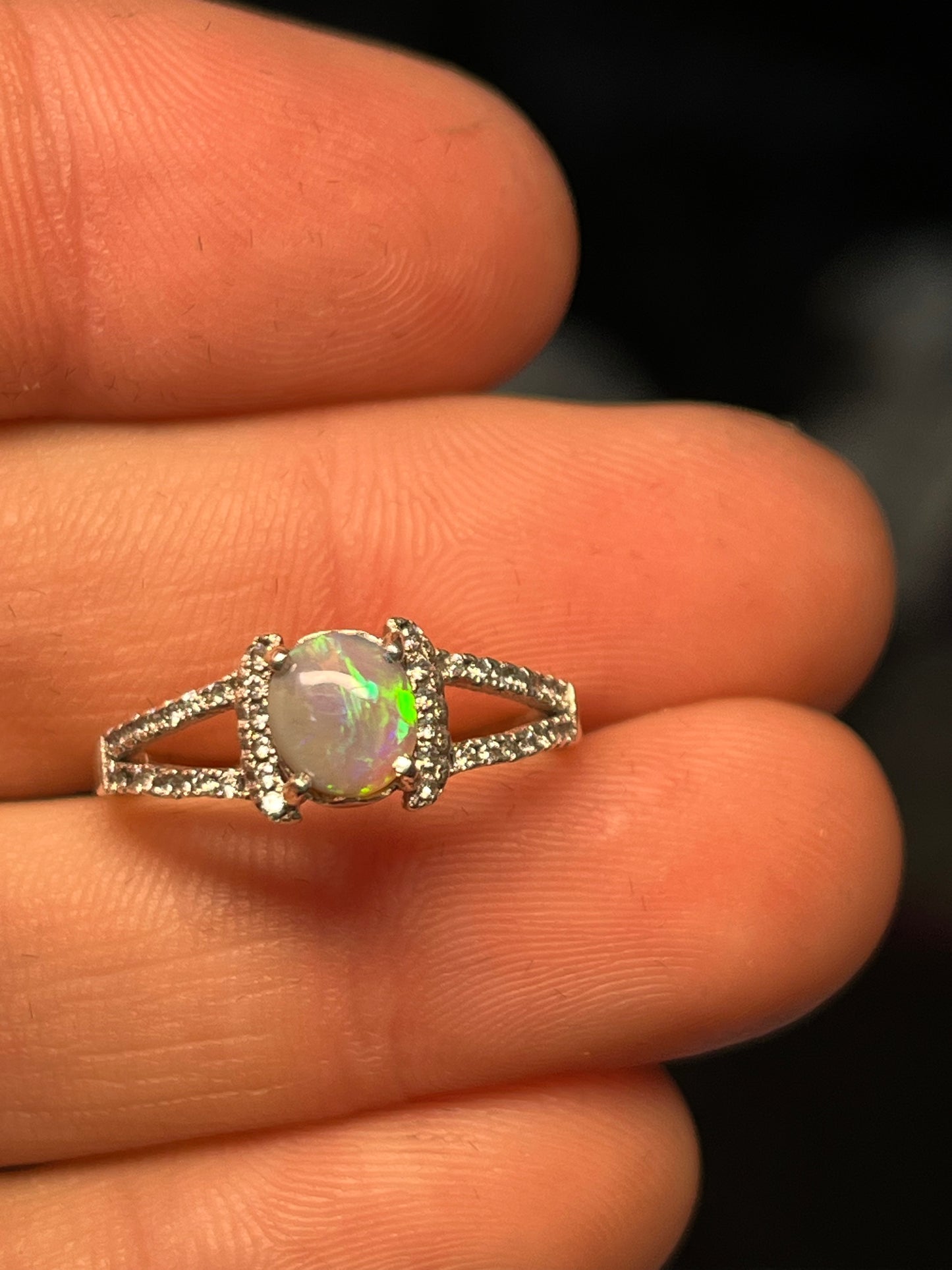 Lightning Ridge crystal setting silver with small zirconia Crystals.