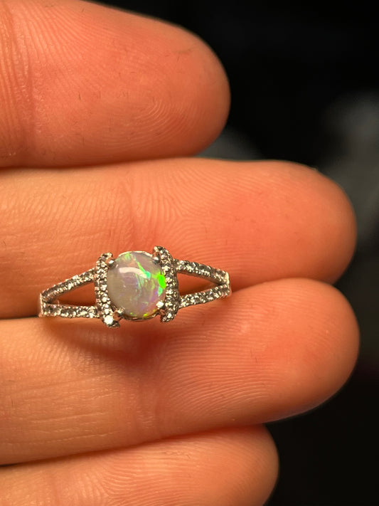 Lightning Ridge crystal setting silver with small zirconia Crystals.